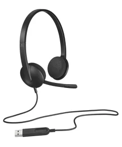 Logitech H340 Wired USB headset black – plug and play stereo headphones with adjustable headband and noise canceling microphone