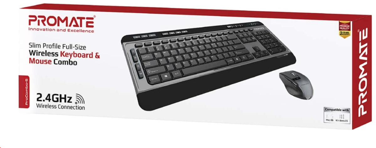 Promate Wireless Keyboard and Mouse Nano USB Receiver and Auto Sleep Function, ProCombo-9 Eng/Arabic