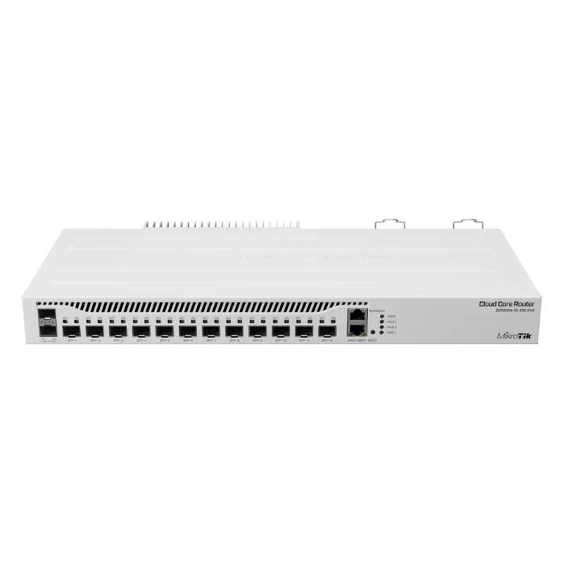 MikroTik CCR2004-1G-12S+2XS router featuring 12 x 10G SFP+ and 2 x 25G SFP28 ports, dual power supplies, and high-speed performance. Buy at costtocost.ae