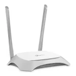 A sleek white TP-Link 300Mbps Wireless N Router TL-WR840N with external antennas, offering dual-band Wi-Fi, guest network access, and parental control. Side image