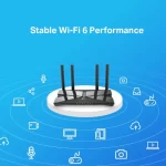 TP-Link Archer AX10 AX1500 WiFi 6 Smart Router with dual-band speeds, 4 antennas, and full Gigabit ports. features image