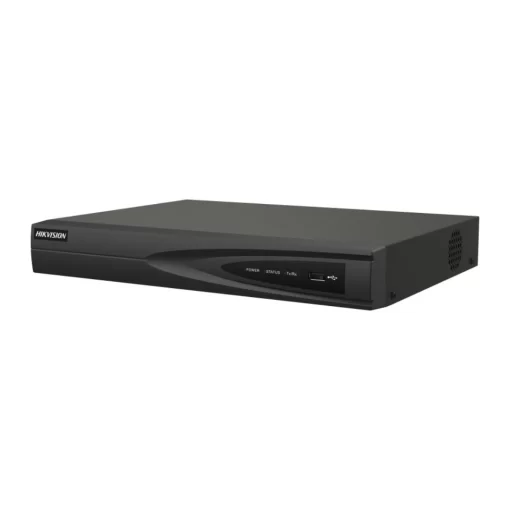Hikvision DS-7608NI-Q1 8-channel 4K PoE Network Video Recorder with HDMI/VGA output and H.265+ compression – front and top view