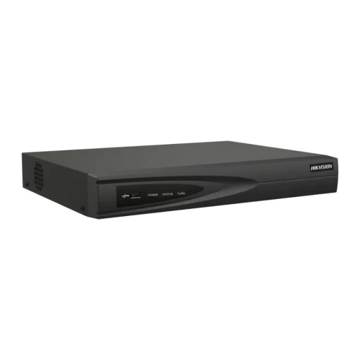 Rear panel of Hikvision DS-7608NI-Q1 showing 8 PoE ports, HDMI/VGA output, LAN, USB ports, and power input for seamless connectivity