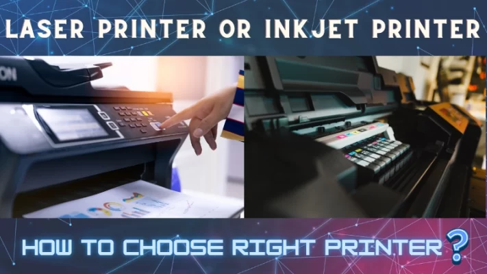 Laser Printer vs Inkjet Printer comparison with user pressing a printer control panel