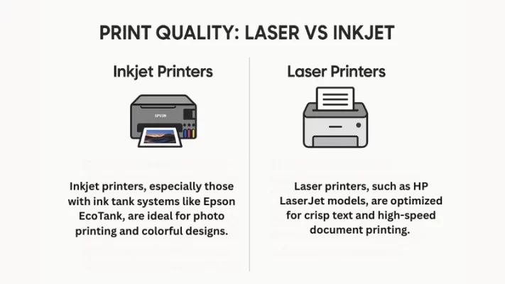 Print quality comparison between inkjet and laser printers with icons and descriptions