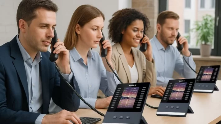 Business team using Yealink IP phone Dubai