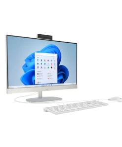 HP All-in-One 24-cr0307nh Side Angle View – Slim White Design with Keyboard and Mouse