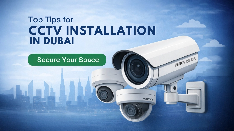 Top tips for CCTV installation in Dubai featuring Hikvision security cameras with Dubai skyline background, highlighting professional surveillance solutions to secure homes and businesses.
